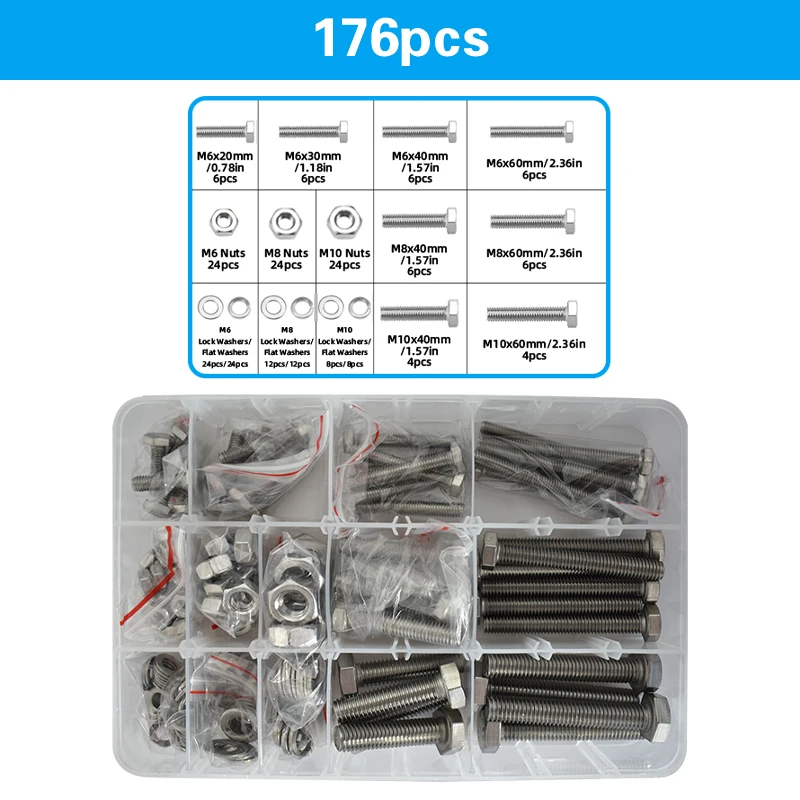 M6 M8 M10 Bolts and Nut Washer 304 Stainless Steel Assortment Kit Hex Head Assorted Metric Screw Flat Spring Lock Spacer Box Set
