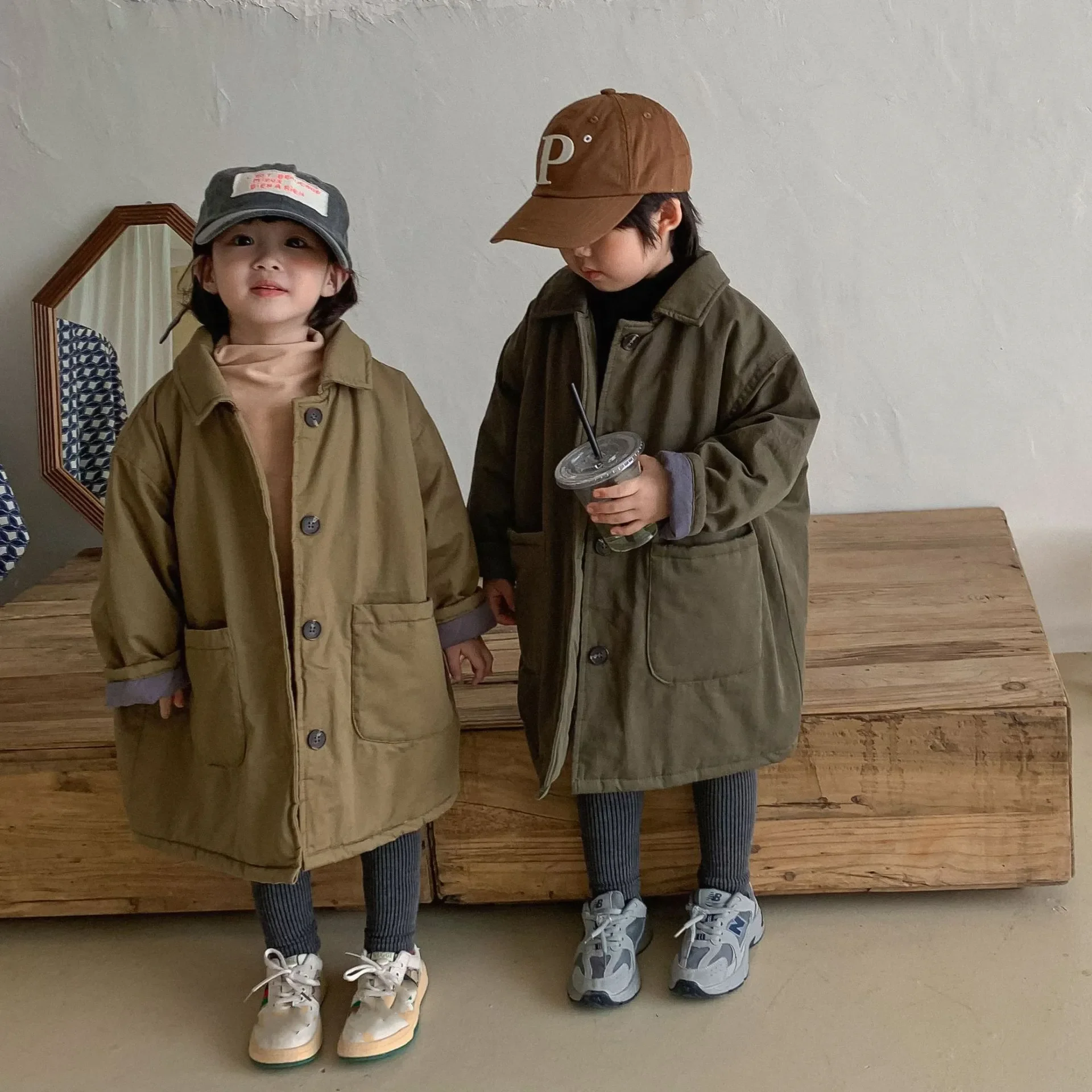 Korean Style New Winter Children Long Cotton Padded Coats Warm Thicken Solid Color Parkas Unisex Kids Casual Outerwear A170