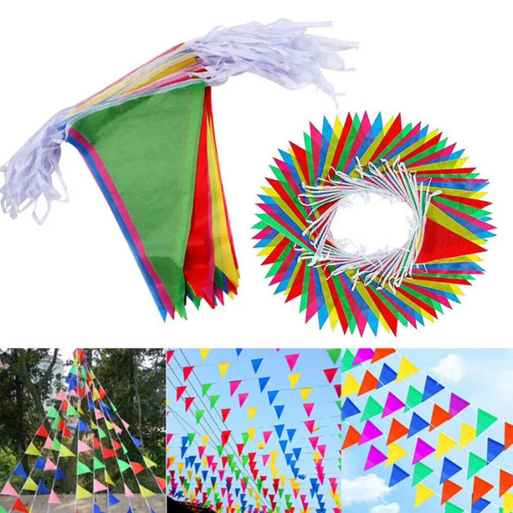 

100M Multicolored Bunting Banner Triangle Flags Nylon Fabric Pennant Festival Outdoor Party Decor Garden Decoration