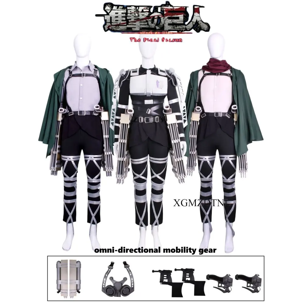 

Titan Final Season 4 Cosplay Costume Black Combat Suit Eren Mikasa Cloak Pants Harness Leather Belts Set Scout Regiment