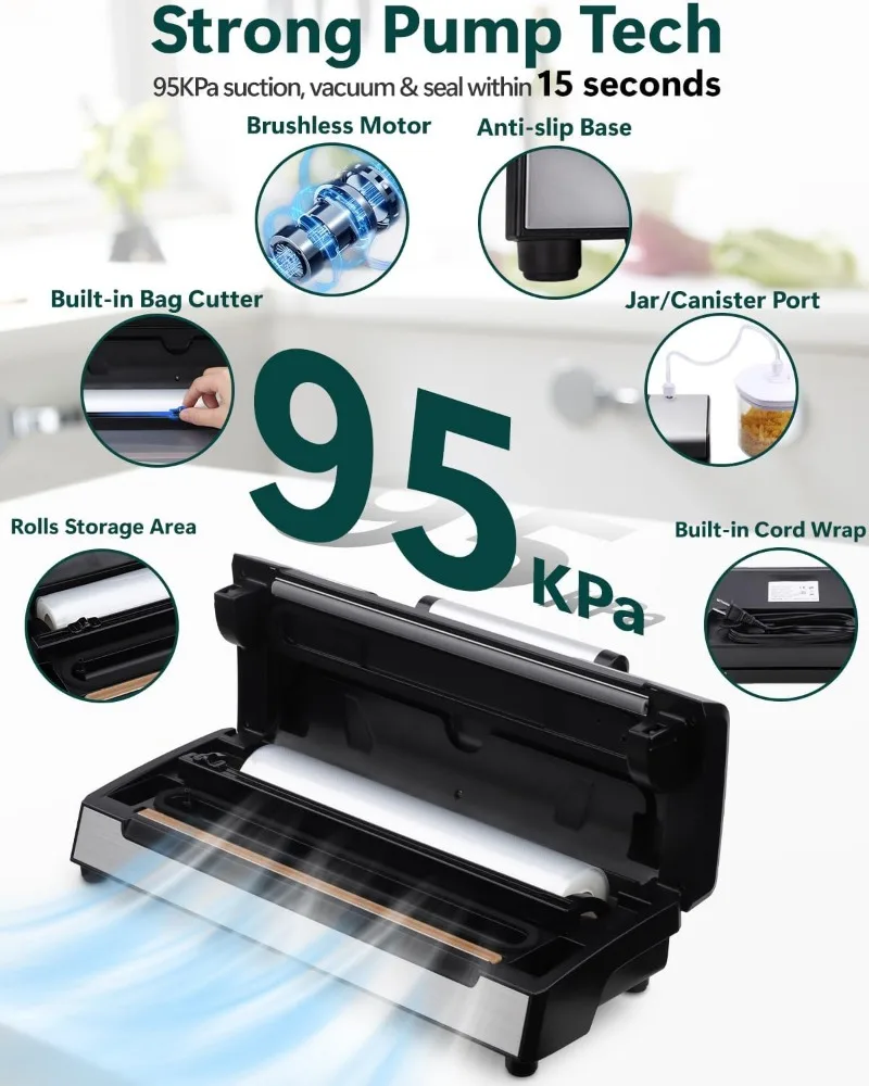 Automatic Vacuum Sealer Machine, 8 in 1 Multi-function Dry/Moist Modes for Food Preservation, Powerful Food Sealer with Built