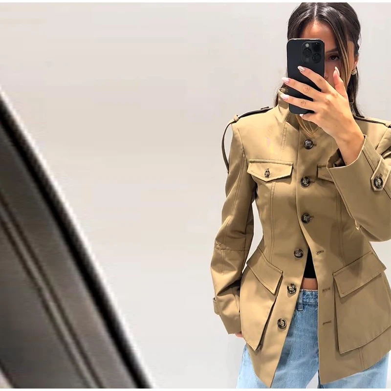 Pocket Stand Collar Long Sleeves Jacket Woman Single Breasted Solid Color Waist Cinching Jackets Versatile Women's New Jackets 11 S30a066fbf8bf4e80a19b0ec40f6038c3P