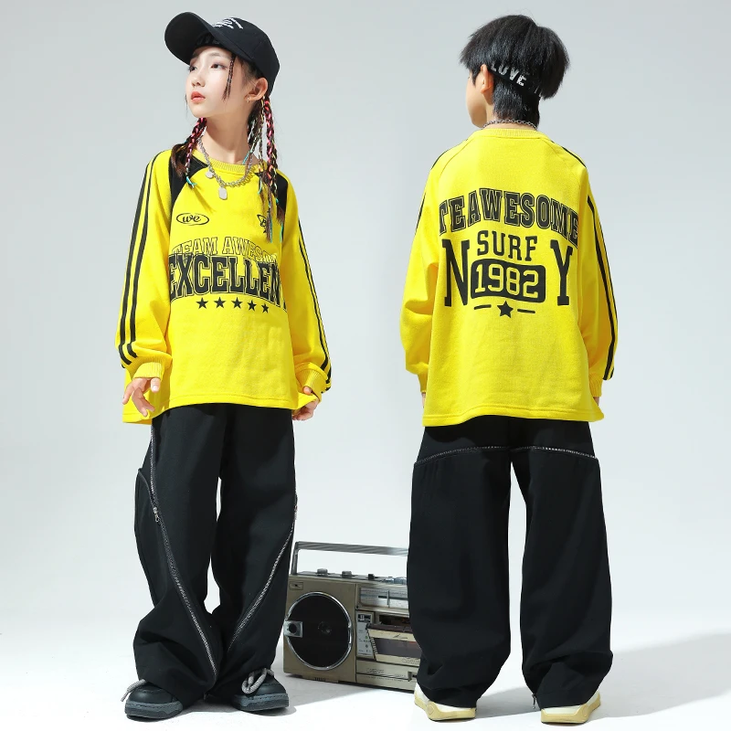 

Kids Hip Hop Clothing Yellow Sweatshirt Cargo Pants Boy Street Dance Outfits Girls Children Jazz Stage Wear Costume Clothes