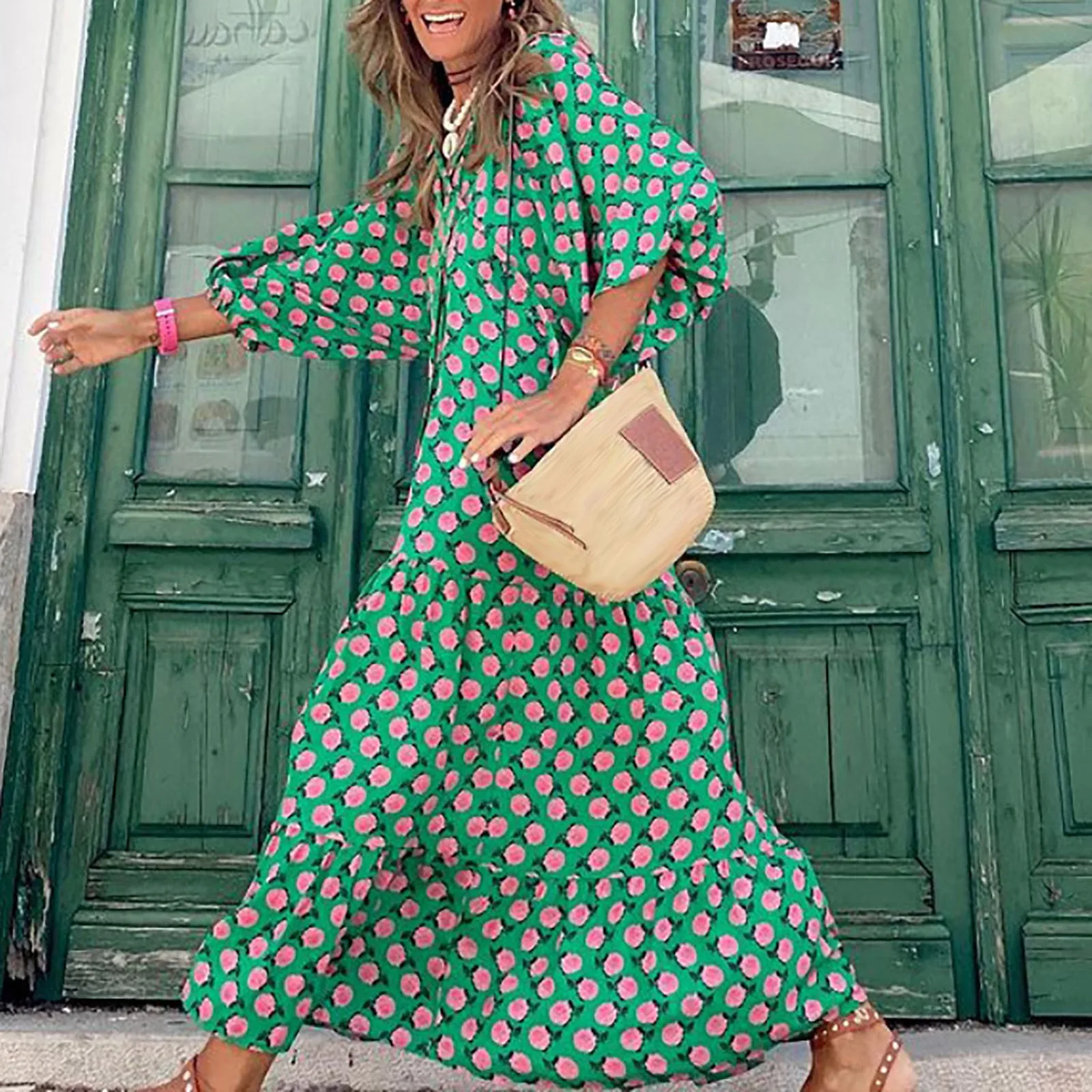 

Bohemian Printed Bubble Sleeved Dress Women Streetwear Oversized Long Dress Chic And Elegant Beach Casual Dress Women's Clothing