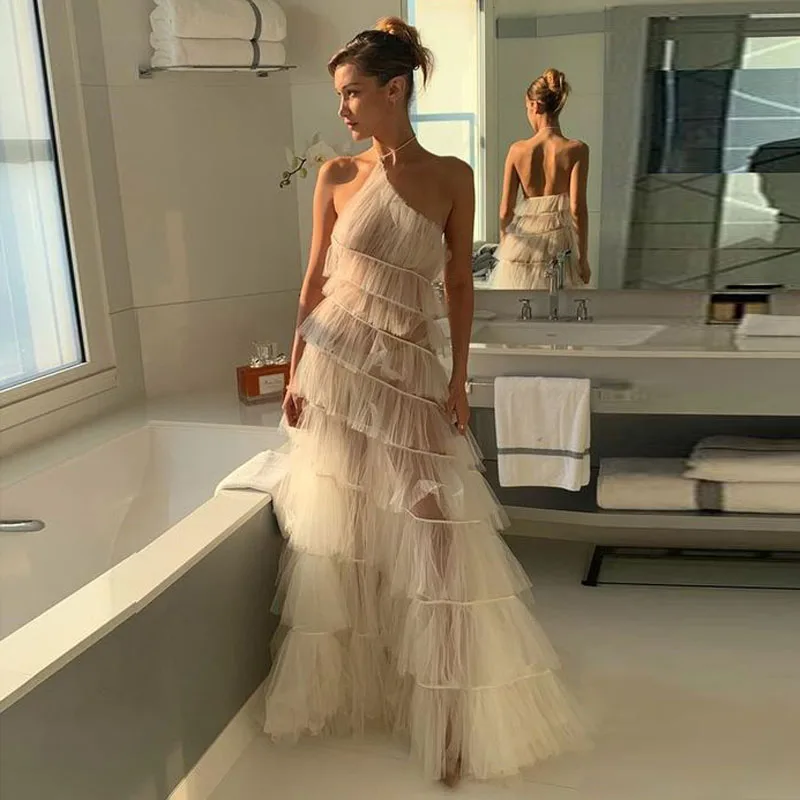 

Bohemian Style Party Dresses See Through Lush Prom Gowns Fluffy Tulle Boho Dress Backless Halter Transparent Floor Length