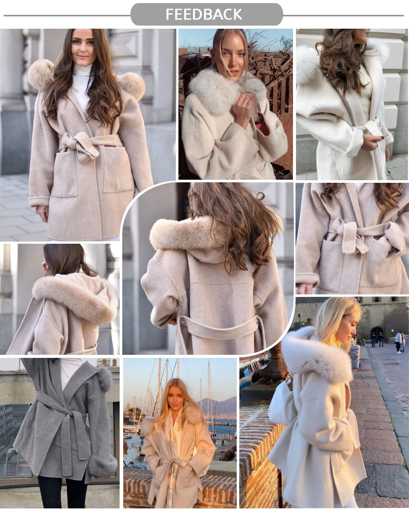 Close-up detail of real fox fur hood on women's coat