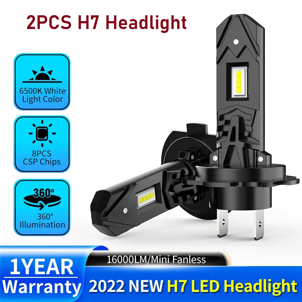 

2Pcs H7 LED Headlight Light 12V 16000LM Mini LED H7 Bulb Ledlamp Fanless Wireless Aluminum Car Motorcycle Head Lamp White 6500K