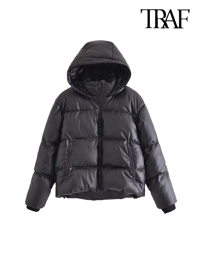 

Women Fashion Faux Leather Hooded Padded Jacket Coat Vintage Long Sleeve Zipper Pockets Female Outerwear Chic Tops