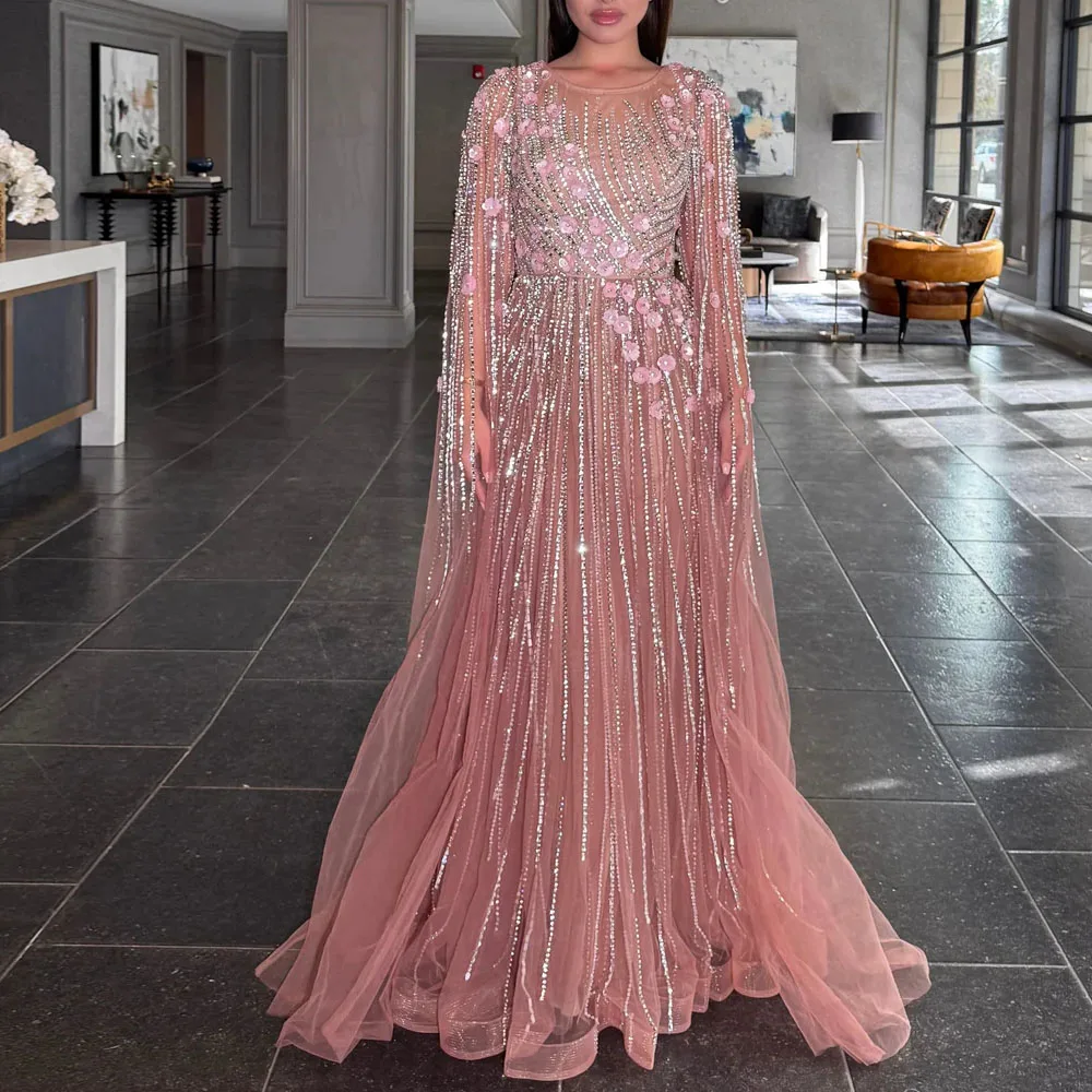 Luxury Dubai Pink Evening Dresses with Cape Sleeve O Neck Wedding Party Gown | eBay Luxury Dubai Pink Evening Dresses with Cape Sleeve O Neck Wedding Party Gown | eBay