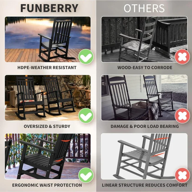 Patio Rocking Chairs Set of 4,Poly Lumber Rocker,All Weather Rocking Chair Outdoor,High Back Porch Rocker,CrackerRocking