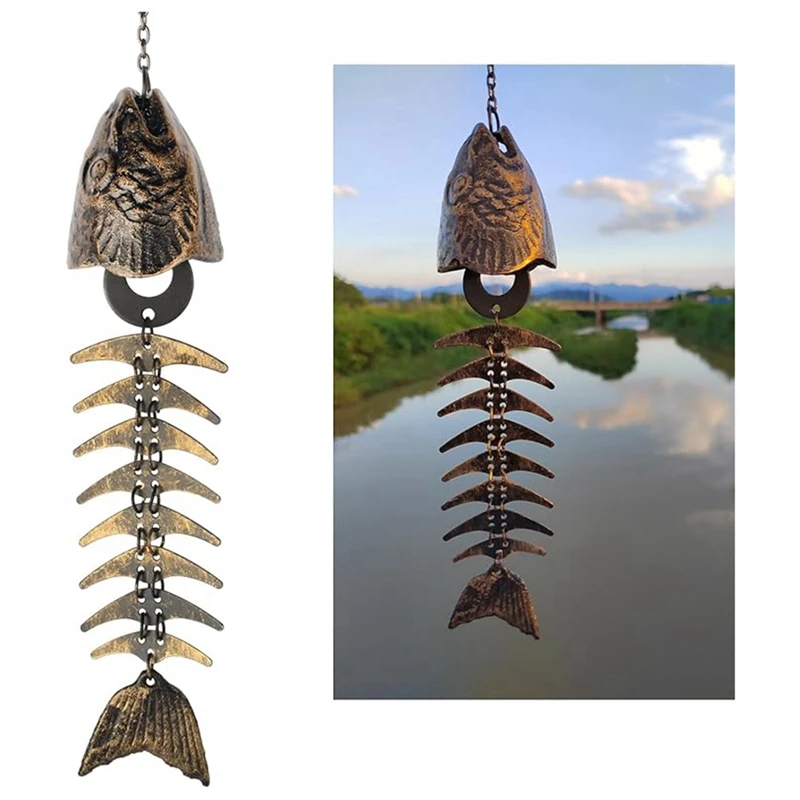 

2PCS Fish Windchime,Fish Skeleton Windchime,Fish Bone Cast Iron Wind Chimes Vintage Metal Wind Chimes Outdoor Soothing Durable