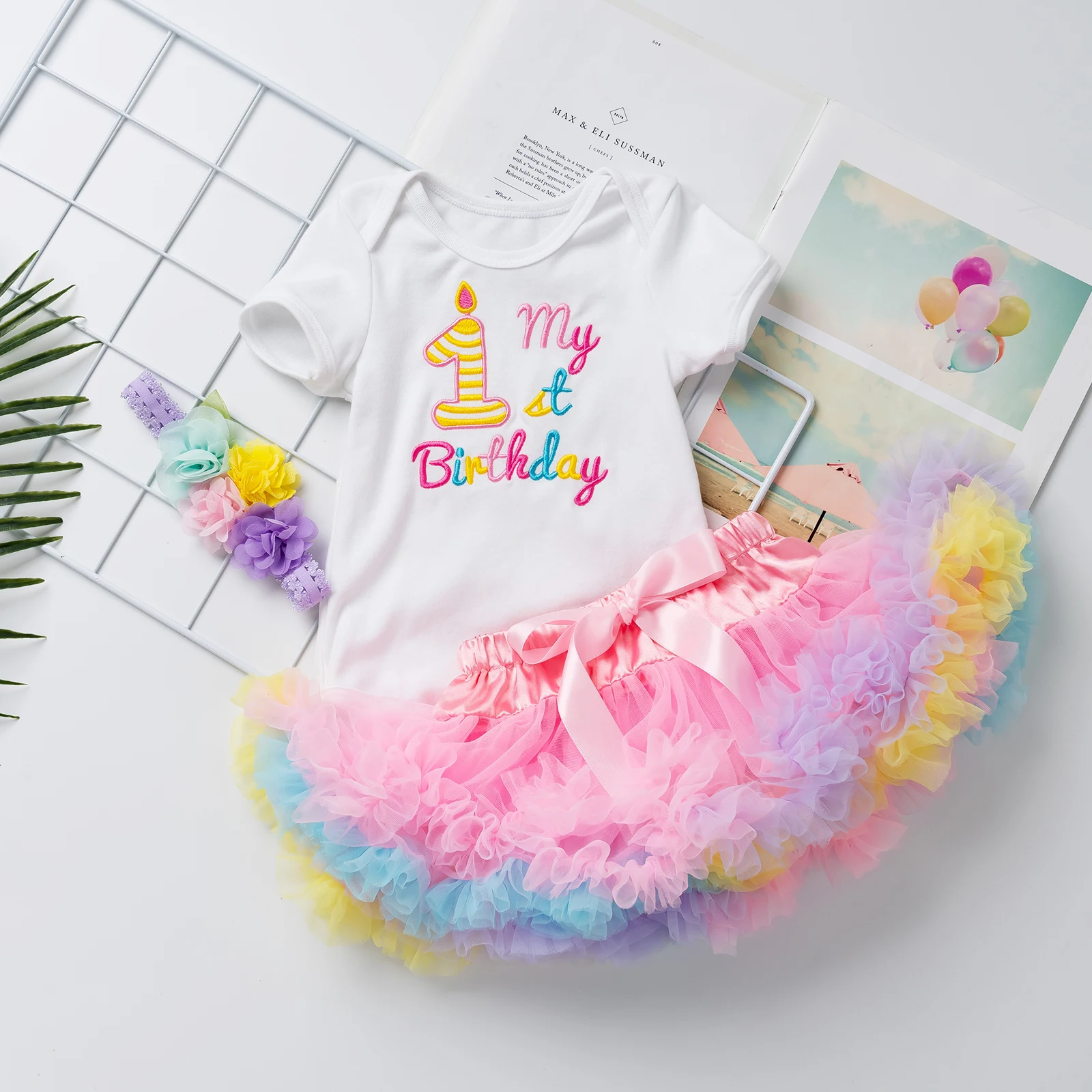 Fashion Kids Girls Clothes Outfits My 1st Birthday Toddler Baby Girl Tutu Dress Floral Letter Romper Gauze Skirt Headbands Sets Baby Clothing Set for boy