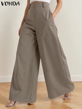 Women Long Trousers VONDA Plus Size Pants Elastic Waist Casual Korean Style Pockets 2025 Fashion Solid Vintage OL Work Bottoms