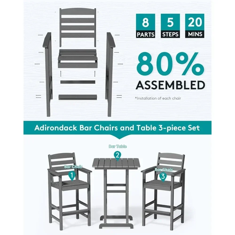 Outdoor Patio Adirondack 3-Piece Set with Chairs and Table, Pair of Adirondack Bar Stools and Matching Bar Table, Set of Outdoor