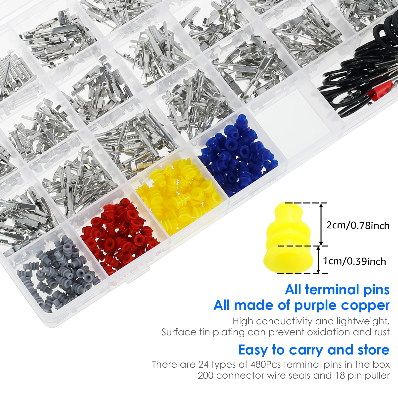 480Pcs Car Terminal Removal Repair Tools 24Type Copper Wire Terminal Pin Kit With Connector Wire Seal and 18Pin Needle Extractor