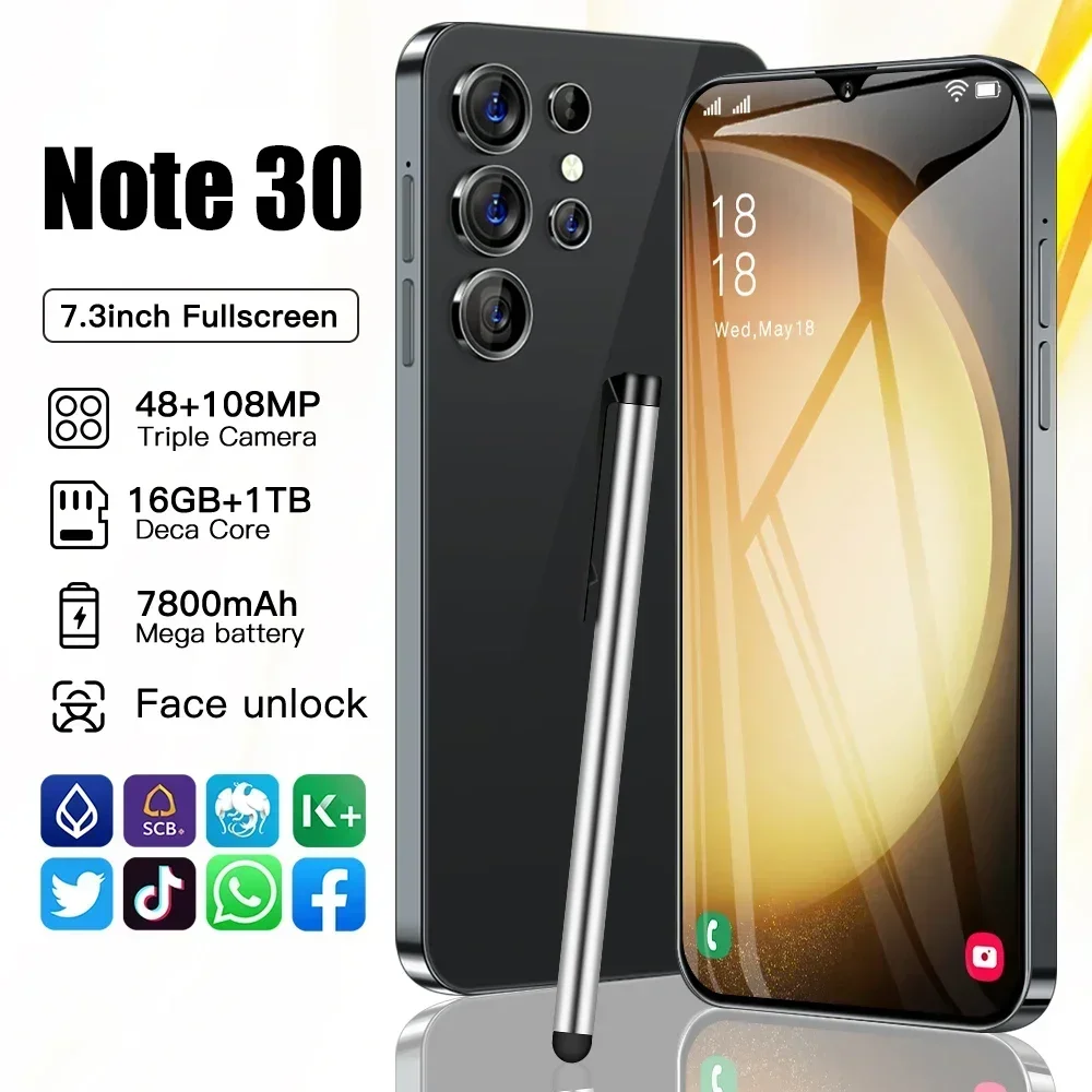 

Новый смартфон Note 30 5G 7,3 дюйма, Snapdragon 8 gen2, сотовые телефоны Android, разблокированные, 7800 мАч, 16 ГБ + 1 ТБ, мобильный телефон