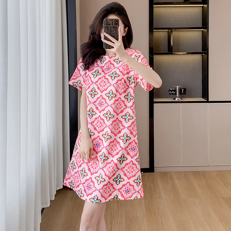 

Женское платье в богемном стиле, элегантное свободное платье из полиэстера с круглым вырезом и коротким рукавом, трапециевидного силуэта, до колена, большие размеры, на лето