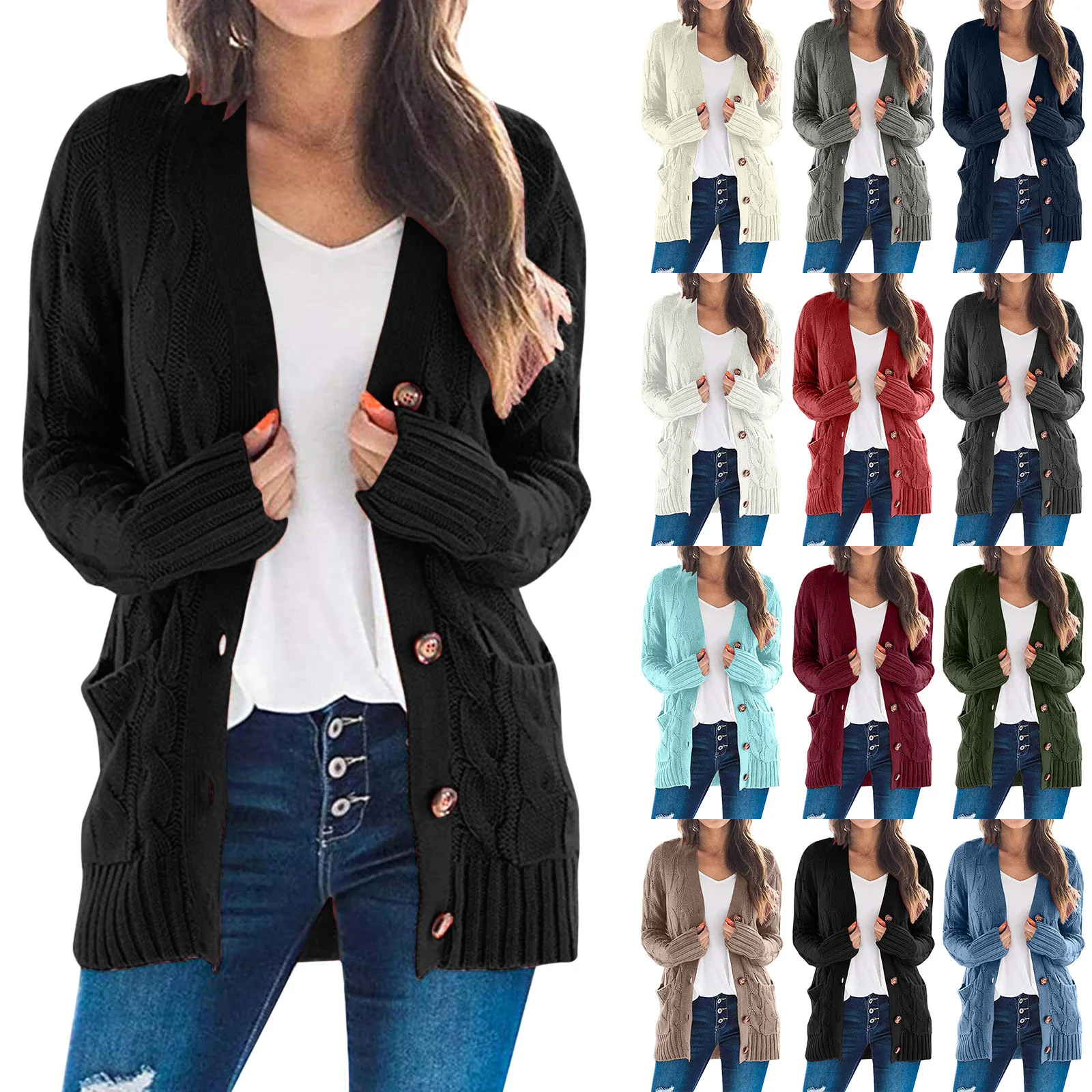 

Single Breasted Womens Sweaters Knitted Long Sleeves stitch Coat Cardigan Pockets Front Thermal Tops Jacket Pulls Jumpers Korean