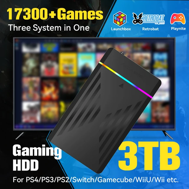 Boîte de lancement de disque dur de jeu Portable de 3 to/Retrobat/Playnite Console de jeu rétro avec plus de 17300 jeux AAA/3D/Retro pour PS4/PS3/PS2/Switch/Wii 1