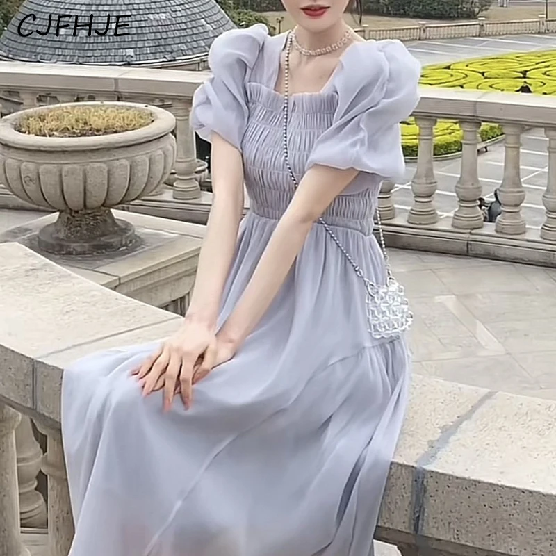

CJFHJE Women's New Pleated Sweet Chic Elegant Party Dresses Summer Trendy Square Collar Short Sleeve Fairy Midi Dress Vestidos