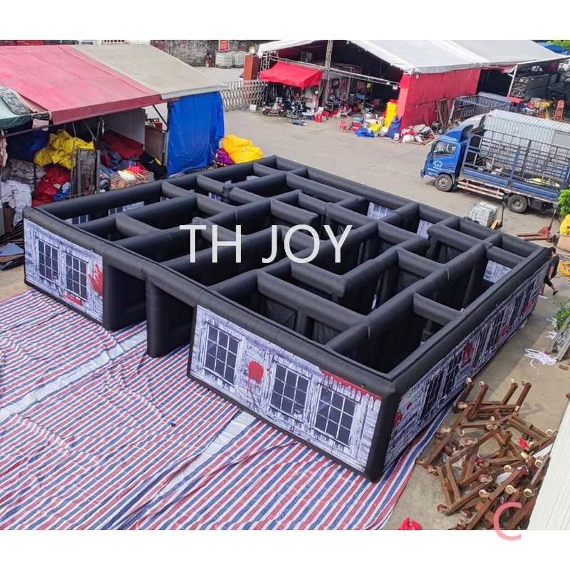 fast air shipping,33x33ft outdoor big inflatable haunted house escape room, digital printing inflatable maze tag game course 4
