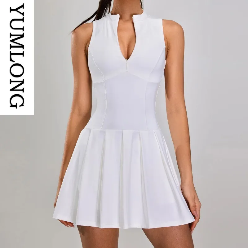Women Sleeveless Zipper Tennis Dress Waist-Cinching Push-Up Sportswear Built-in Shorts Fitness Athletic Skirt Mujer Apparel