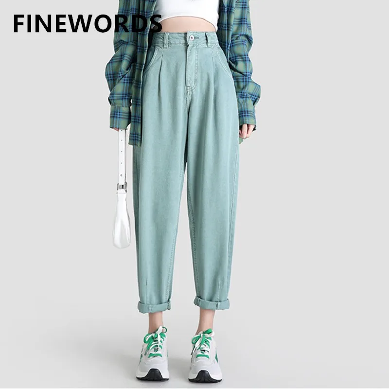 

FINEWORDS 2022 Vintage High Waist Harem Boyfriend Jeans Women Korean Casual Mom Jeans Streetwear Harajuku Loose Cuff Denim Pants