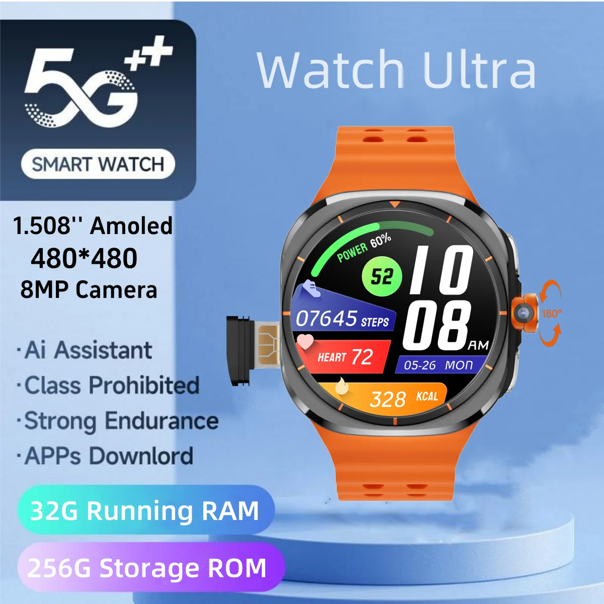 Watch Ultra Smartwatch 5G With 180° Rotary Camera GPS WiFi Compass Android 10.0 App Store Sim Card Slot For Samsung Smart Watch 1
