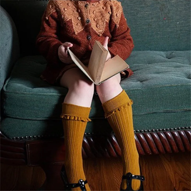 Kids Socks Ruffle Knee High Soft Cotton Solid Lace Flower Children School Uniform