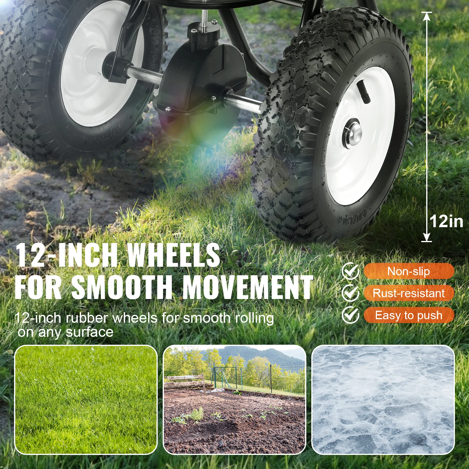 VEVOR Broadcast Spreader 100 LB 10inch Wheels Steel Spike Aerator For Residential Farm Tough Terrain Black