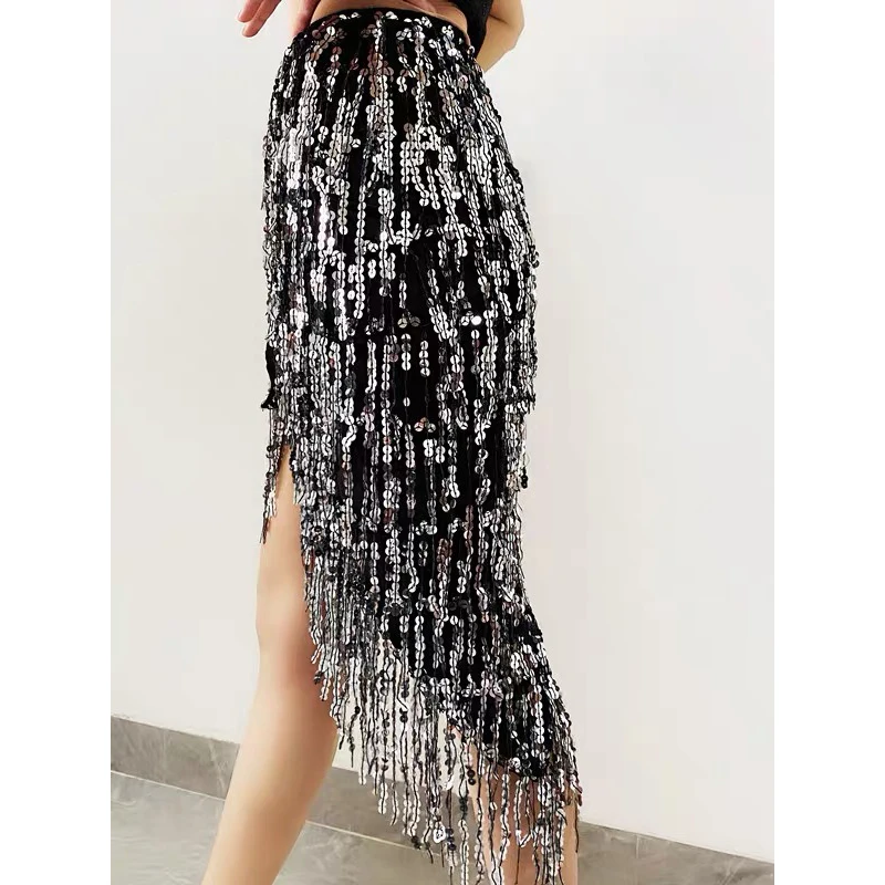 

Womens Sequin Tassel Skirts Rave Fringe Hip Scarf for Festival Stage Performance Show Costume Glitter Sparkly Wrap Belt Outfit