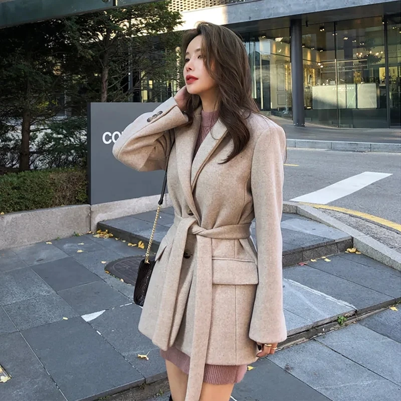 

2023 Woolen Jacket Women Jacket Autumn Winter Coat Korean Blazer Short Belt Overcoat Female Thick Outerwear Chaqueta Mujer