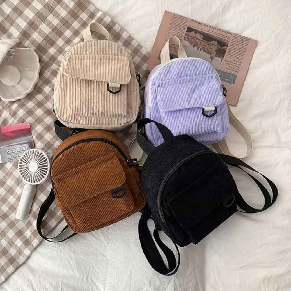 

Stripe Small Velvet Backpack Double Layer Zipper Small School Bag Korean Style Shopping Bag OL Style Shoulder Bag Female/Girls