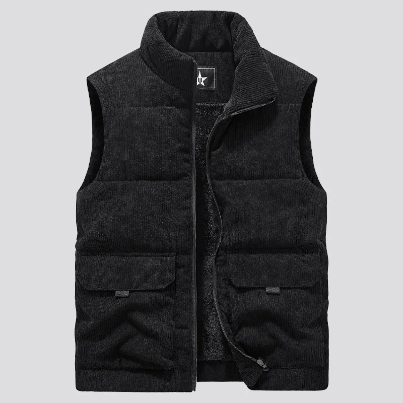 Men Warm Vests Jacket  Autumn Winter Stand Collar Plush Thicken Sleeveless Leisure Down Cotton-Padded Corduroy Vest Coat