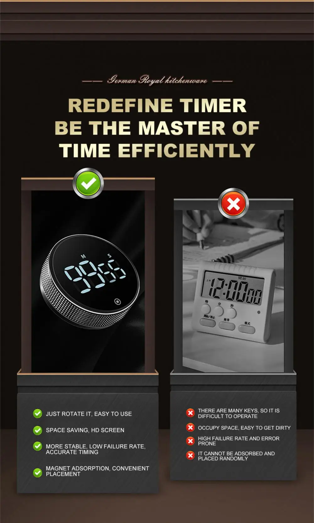Magnetic Kitchen Timer LED Digital Timer Manual Countdown Timer Alarm Clock Cooking Shower Study Fitness Stopwatch Time Master