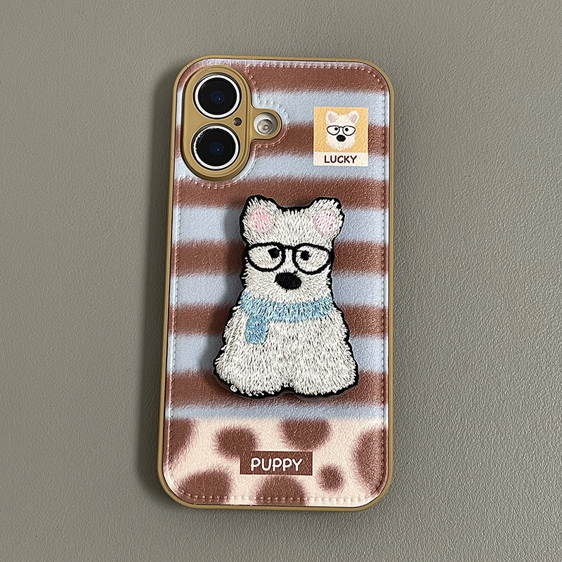 Fashion White Embroidered Dog Puppy Bracket Phone Case For iPhone 16 Pro Max 15 13 14 Leather Drum Bag Cover With Holder