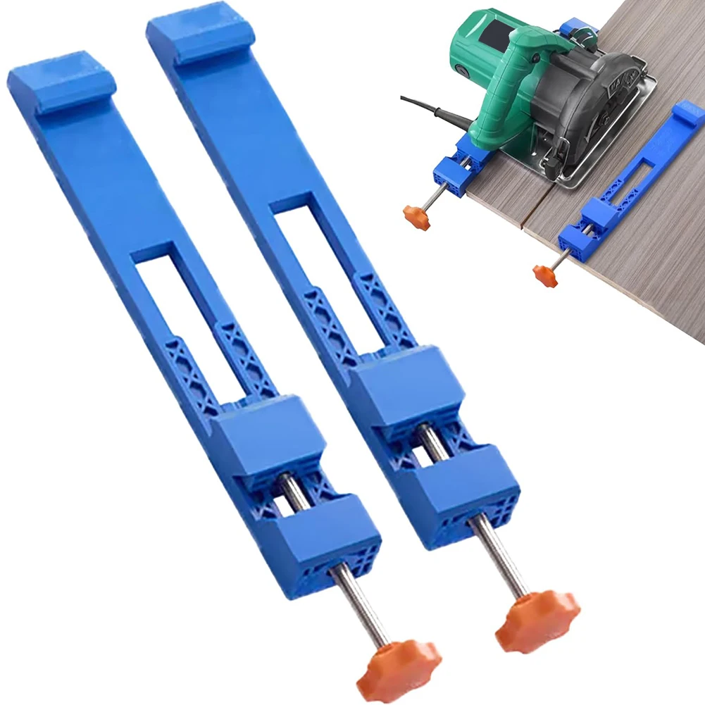 Blue adjustable cutting machine base rail on a light background