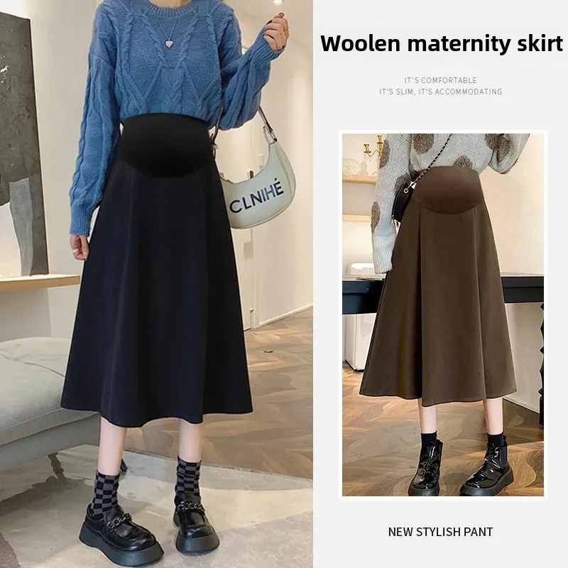 High Waist A- Line Mini Skirt for Pregnant Women Winter Outerwear Woolen Skirt Slimming Mid-Length