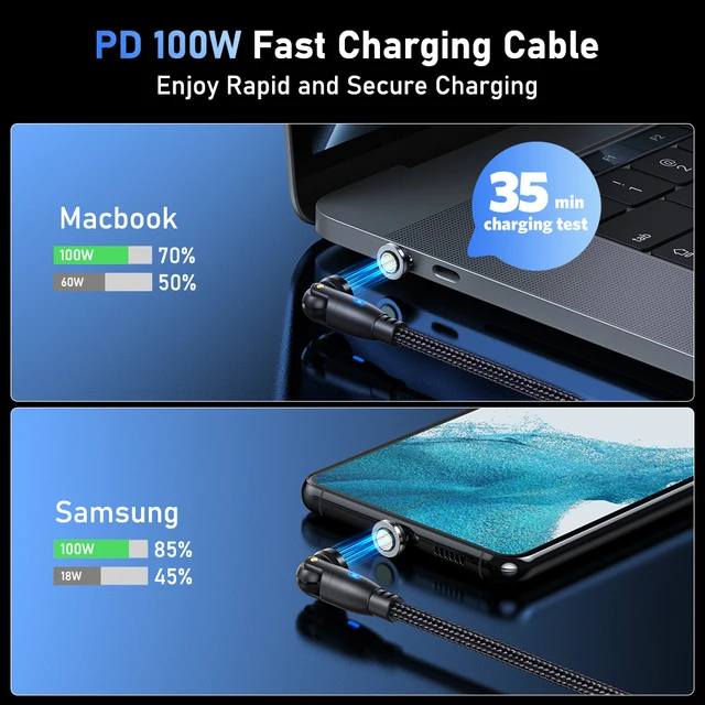 AUFU 100W Cable magnético USB tipo C 5A Cable Micro tipo C de carga rápida para Macbook Samsung para iPhone Cable cargador magnético 2
