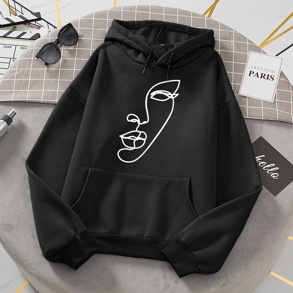 

Simple Lines Printing Streetwear Hoodies Women Cool Face Contour Sweatshirt Long Sleeve Female Hooded Pullovers Womens Clothing