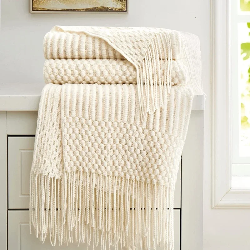 White Boho Throw Blankets Textured Big Knitted Blankets Chunky Vintage Luxury Throw Bedspread Blanket Cover Manta Para Sofá 1