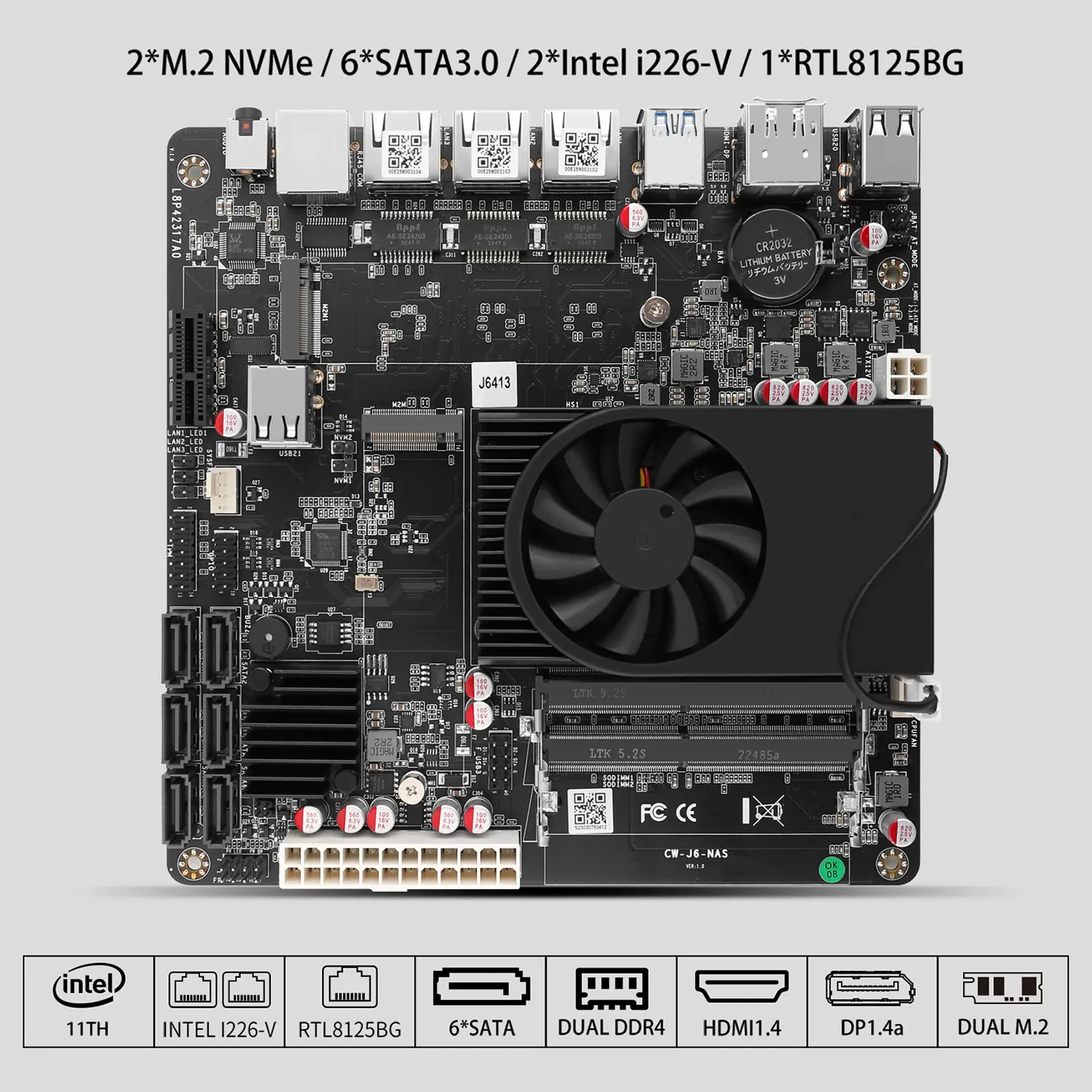 StoneStorm J6413 Mini ITX Motherboard 6-Bay NAS, Dual DDR4, M
