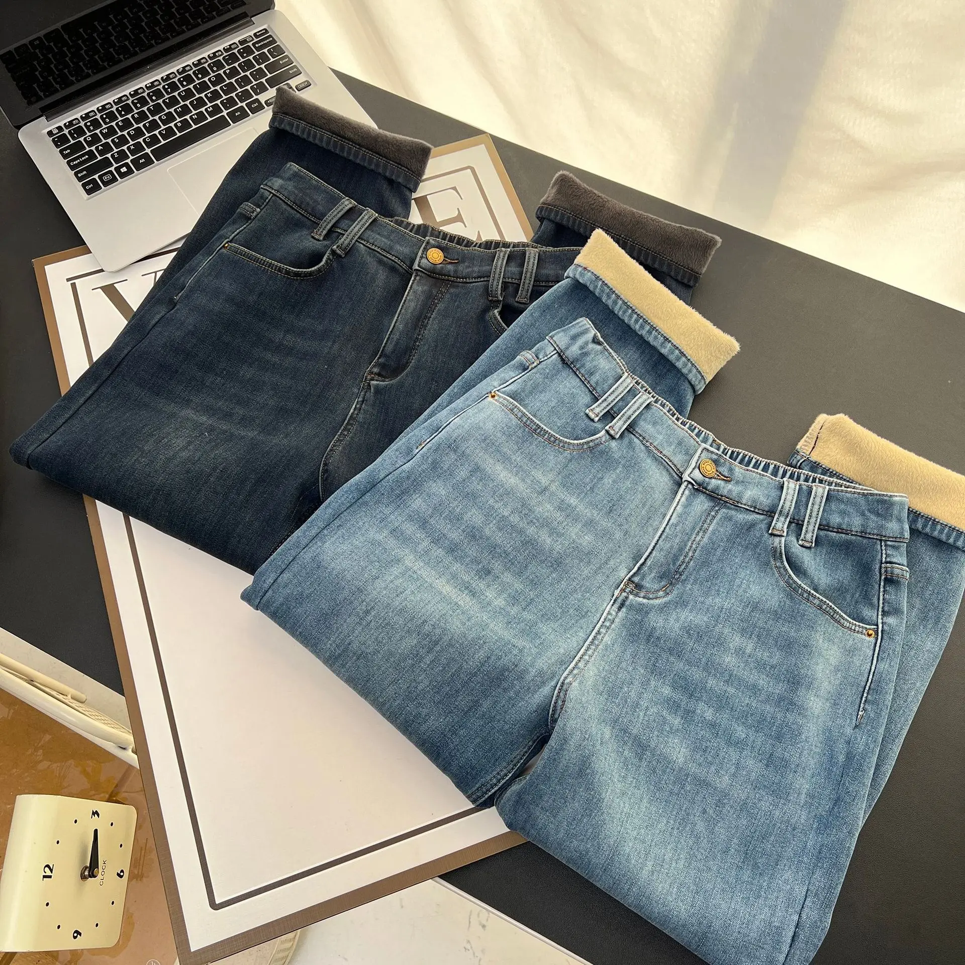 XXXXL Fashion Plus Size Women's Jeans Winter New Style Simple Fleece Warm High Waisted Denim Ankle-Length Harem Pants 6555