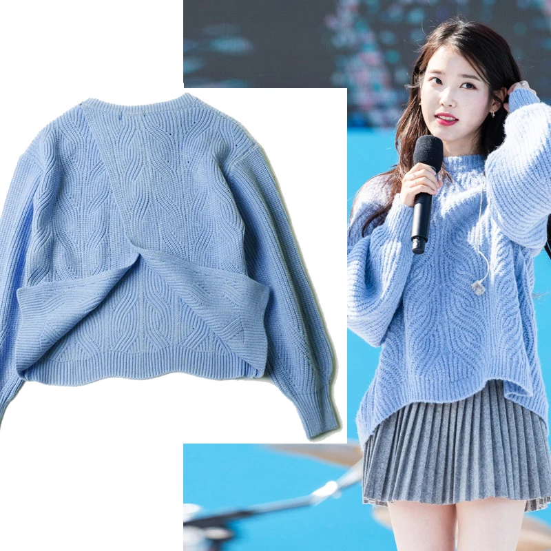 

Korean IU Same Blue Autumn and Winter New Sweater Loose Loose Slit Lantern Sleeves Pullover Women Sweaters Kpop