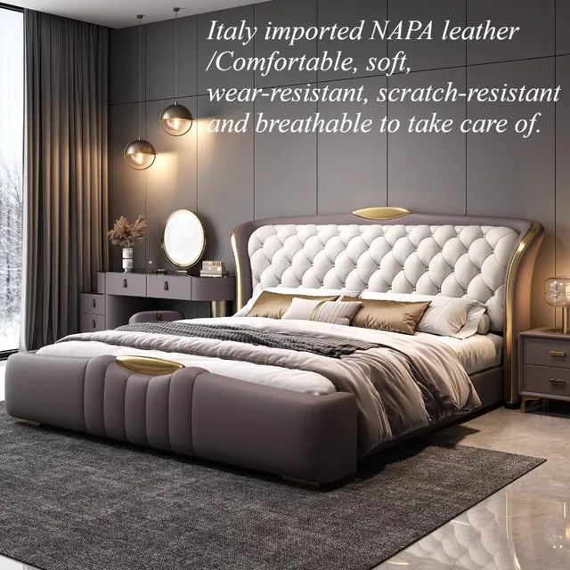Lit Queen Size Moderne avec Rangement, Design Unique et Minimaliste, Tête de Lit Rembourrée, Cama De Lujo Para Dormitorio, Accessoires de Chambre à Coucher 1