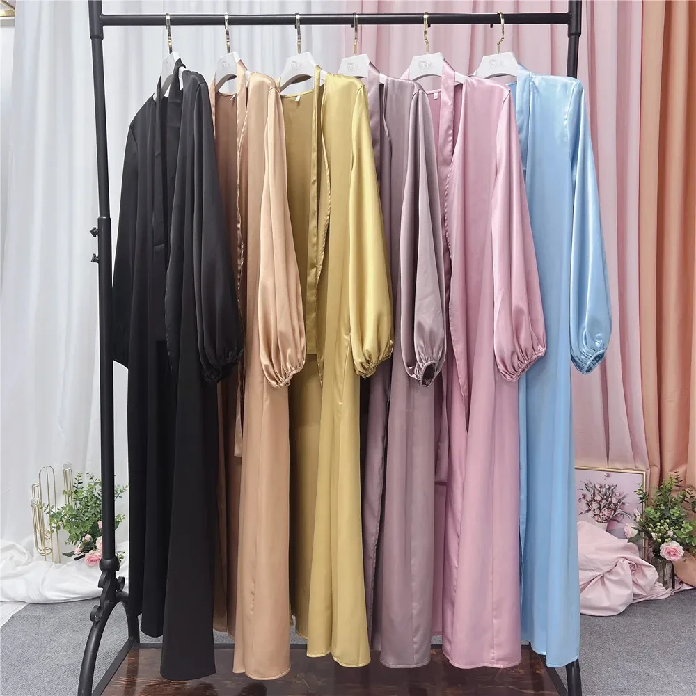 Summer Satin Open Abaya Dubai Turkey Bubble Sleeves Abayas for Women Muslim Hijab Dress Islam Kaftan Robe Kimono Femme Musulmane
