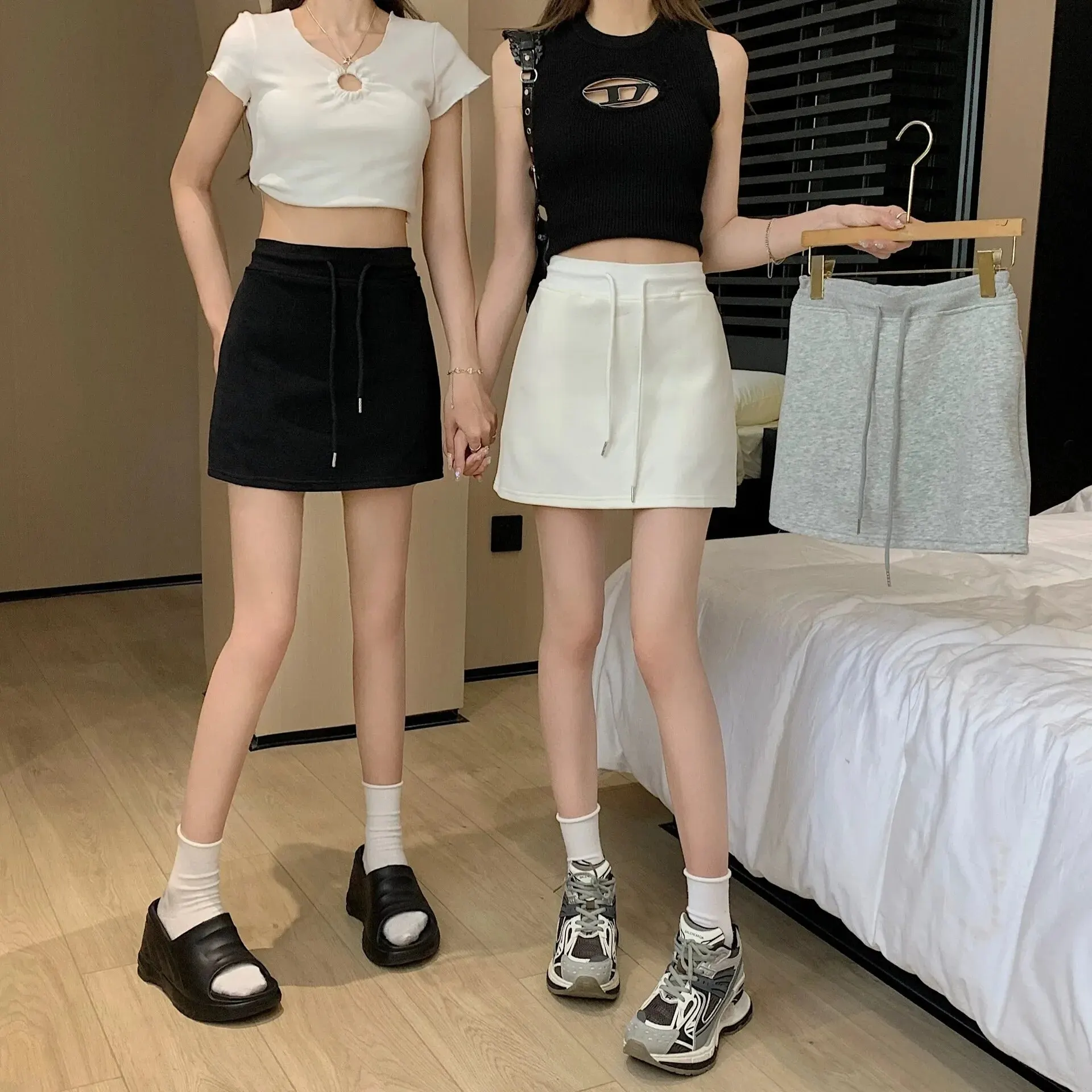 여성용 하이 웨이스트 미니 원피스, 그레이 캐주얼, 작은 A라인 스커트, 드로스트링 웨이스트, 여름 새로운 스타일