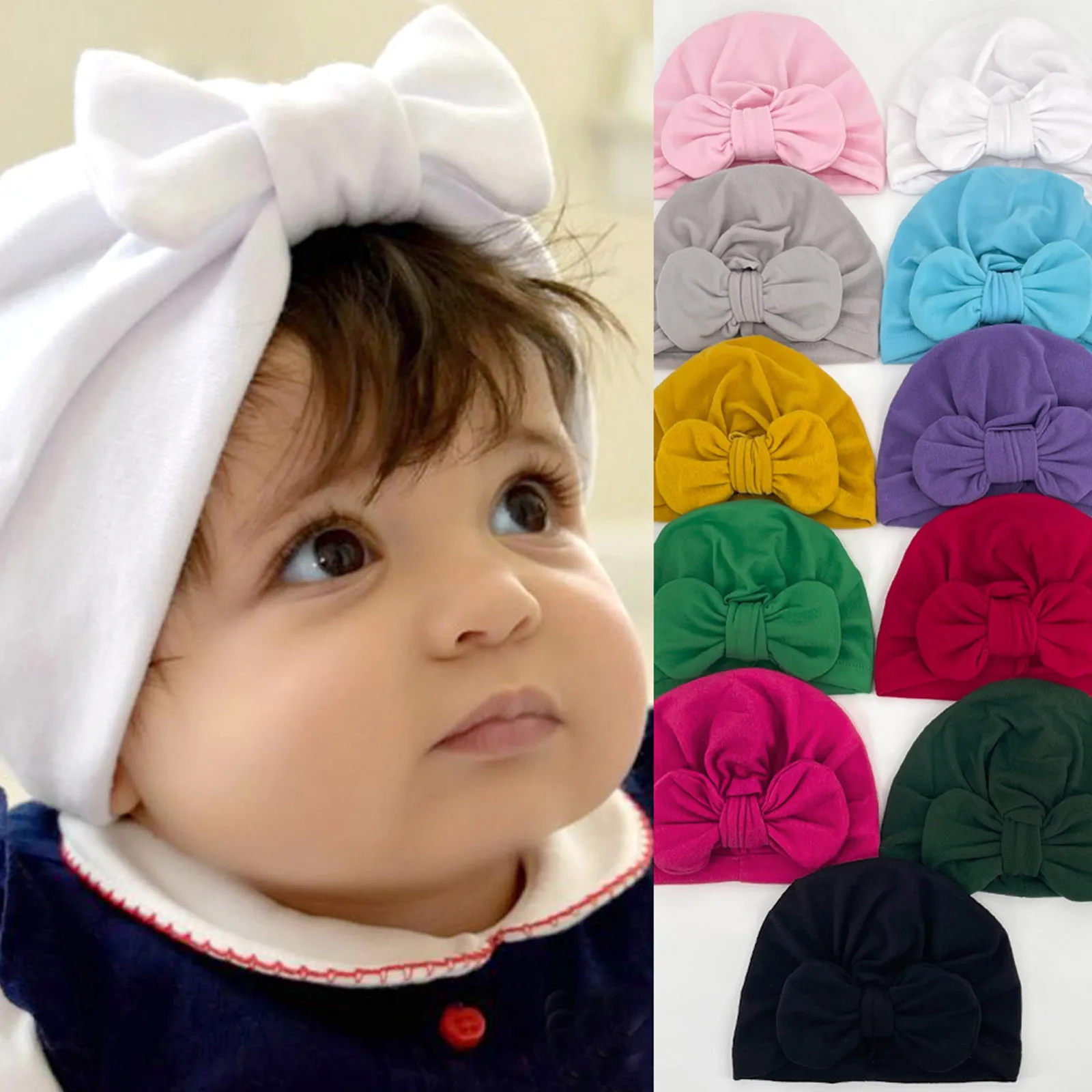 Toddler Baby Boy Girl Turban Bow Hairband Head Wrap Solid Beanie Hat Headband US 