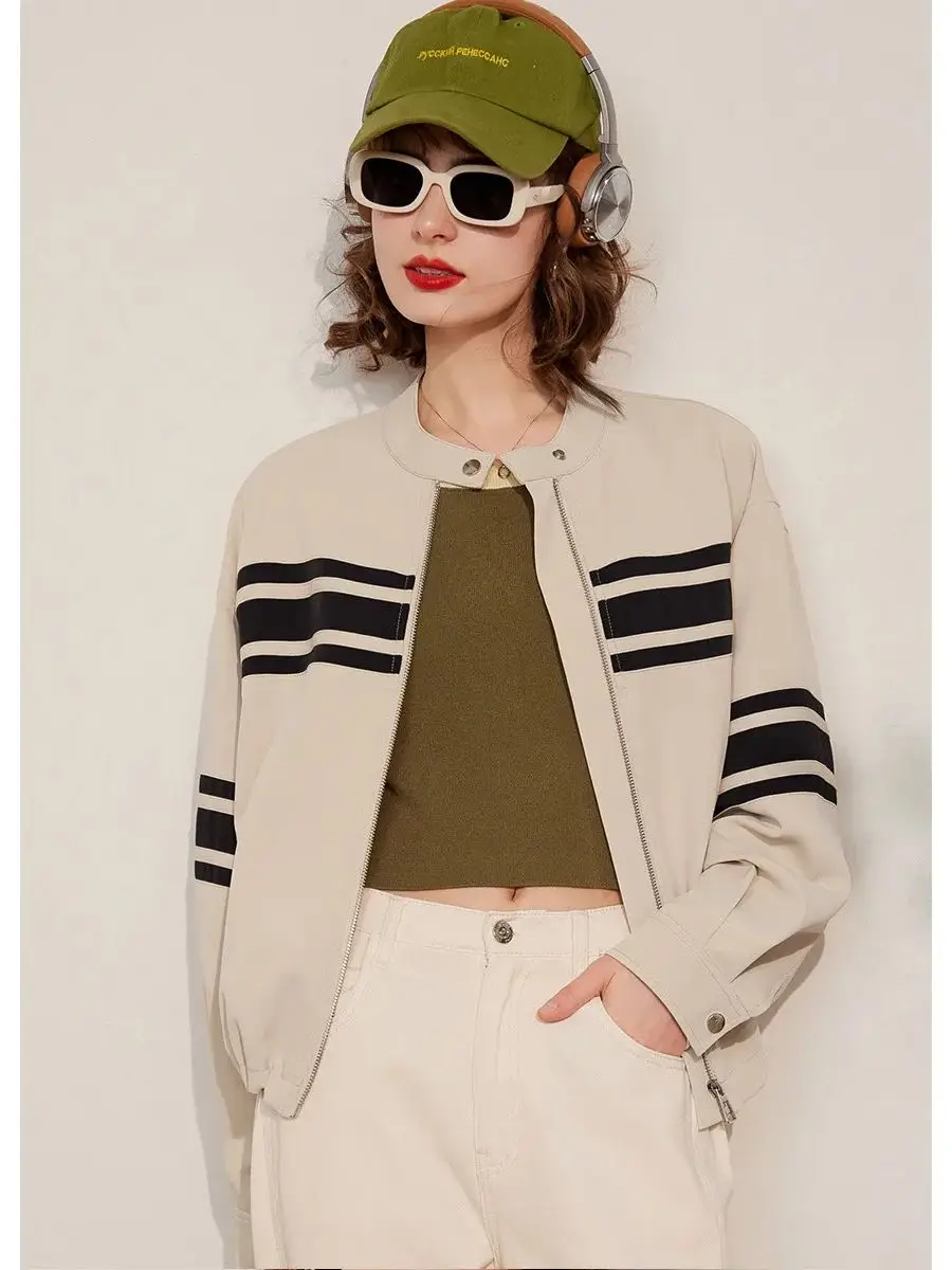 LOUIS YAO Women Jacket 2024 Spring New Round Neck Long Sleeve Contrast Color Striped Loose Fit Fashionable Women's Coat