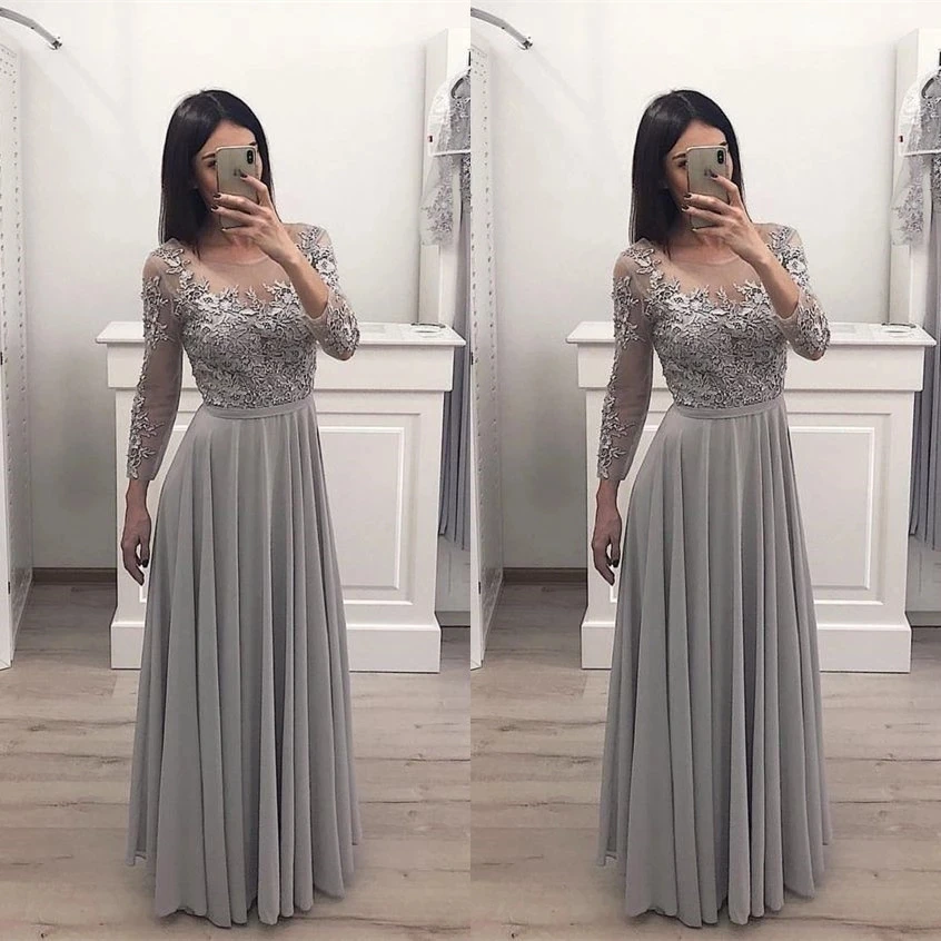 

ANGELSBRIDEP Silver Gray Mother of the Bride Dress for Wedding Party A Line Chiffon Lace Long Sleeve Evening Prom Gowns Cheap